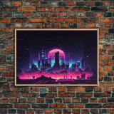 Vaporwave Cityscape Night Full Moon Purple Wall Poster, Fine Art Print, Wall Decor, Wall Art Print