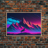 Retro style art, wolf looking on the mountains, framed canvas print, pastel art