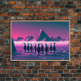 Penguins on the nice, cute animal prints, framed canvas print, synthwave / vaporwave art