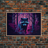 Cute racoon in the forest, vaporwave aesthetic animal art, framed canvas print, colorful animal art