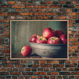 Farmhouse Kitchen Art, Framed Canvas Print, Still Life of Apples In A Rustic Bowl, Photography Print, Kitchen Decor, Rustic Country Kitchen