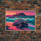 Sea turtle fighting the waves, framed canvas art, synthwave, vaporwave, animal prints