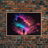 Contemplating the Universe, retro style space art, framed canvas print, synthwave space decor