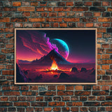 Campfire under a Full Moon, Framed canvas print, retro synthwave / outrun style primitive home decor