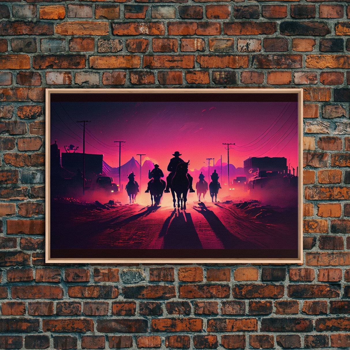 Retro Synthwave Style Post-Apocalyptic Cowboys, framed canvas print, retro outrun style wild west art