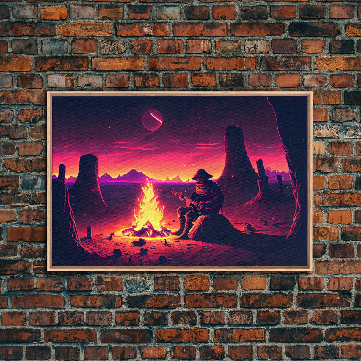 Valley Canyon Man Campfire Guitar Landscape Magenta Fine Art Print, Wall Art Print, Wall Poster, Wall Décor