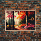 Pop Art Style Fall Forest Landscape, Framed Canvas Print, Unique living room wall art, above sofa art, Color Pop forest art