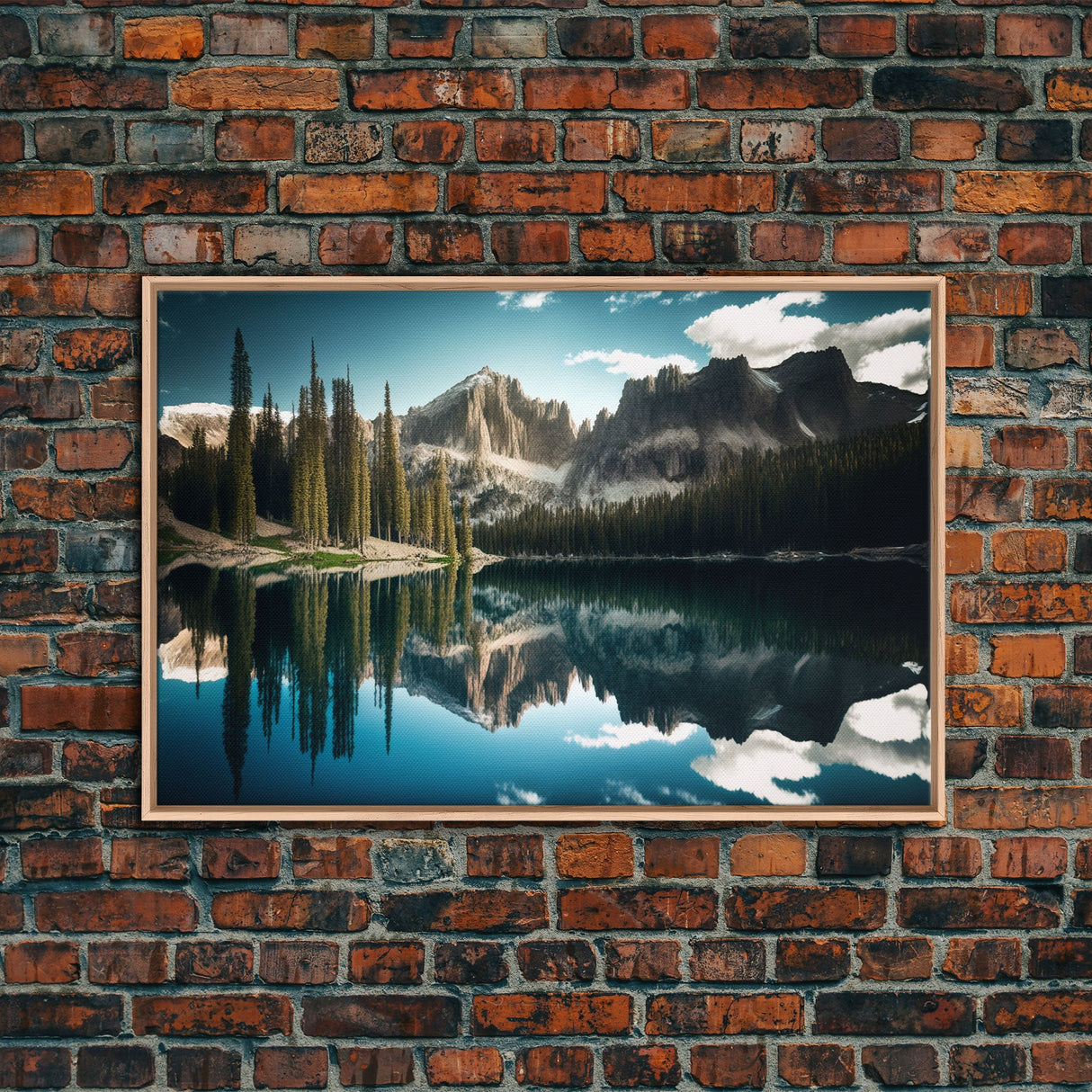 Reflections on a winter lake, watercolor landscape art, framed canvas print, pine tree winter forest