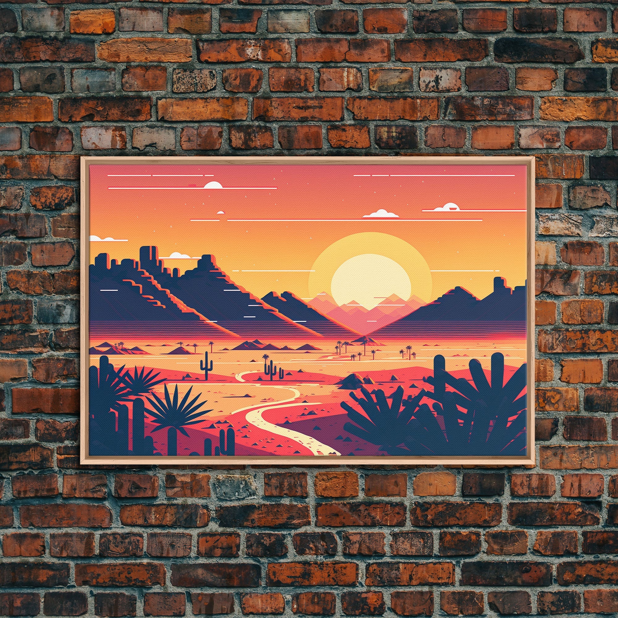 Art Deco Style Desert Landscape Art, Framed Canvas Print, Unique