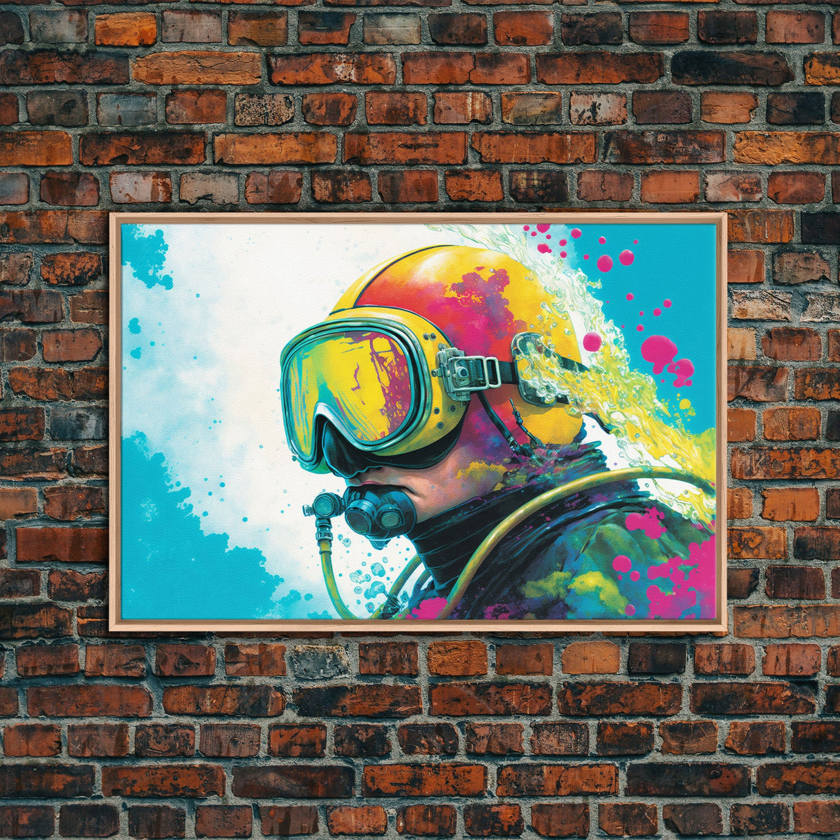 Graffiti Pop Art Scuba Diver, Framed Canvas Print, Scuba Painting, Retro Under Water Punk Art