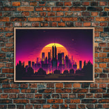 Outrun Style Futuristic Cyberpunk City Skyline at Sunset, Concept art, framed canvas print, dystopian art