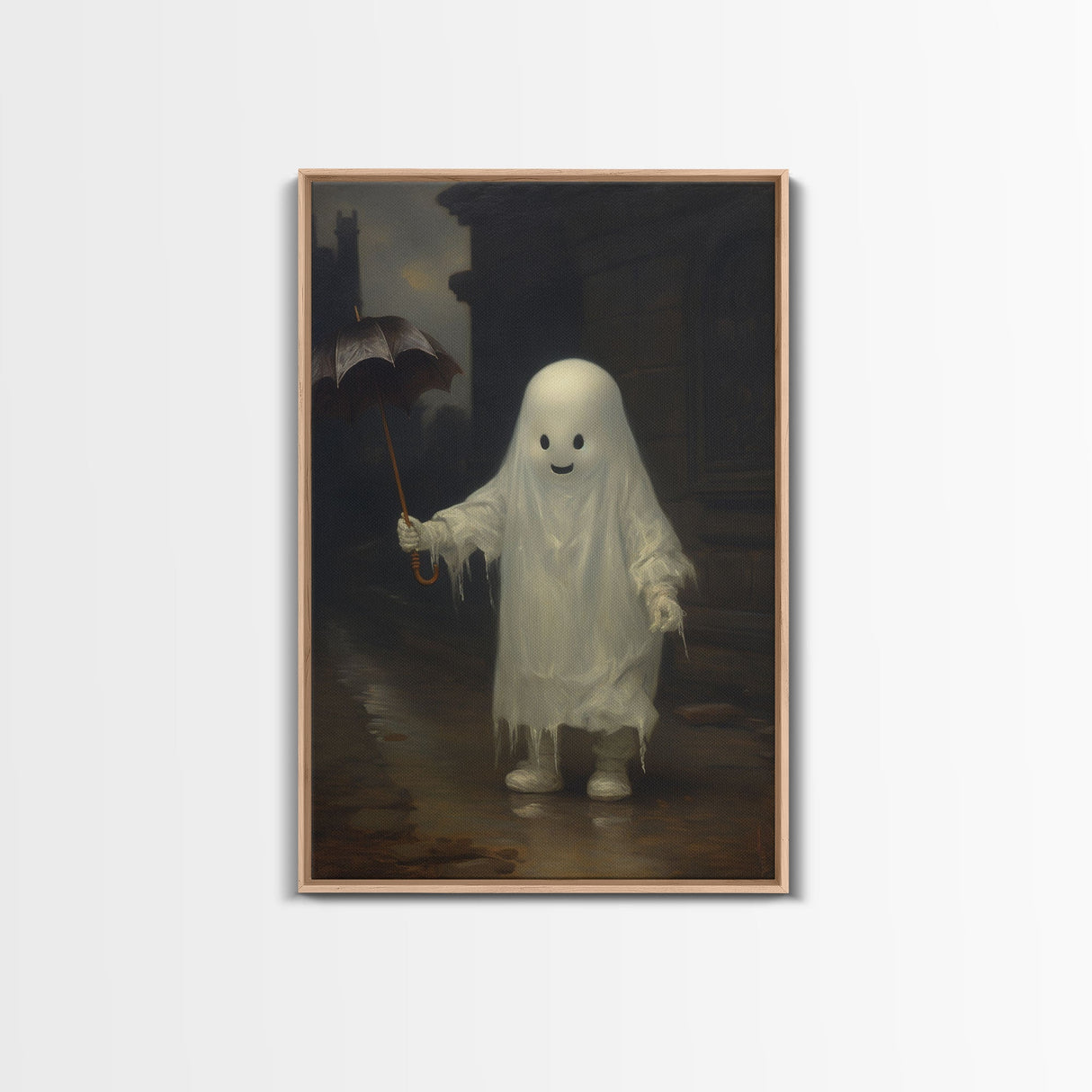 Cute Ghost Painting, Ghost In The Rain, Vintage Canvas, Art Canvas Print, Dark Academia, Haunting Ghost, Cute Halloween Decor