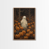 Fall Omens - Spooky Ghost In A Pumpkin Patch, Halloween Decor, Fall Art, Framed Canvas Print, Spooky Halloween Decor