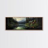 Cozy Cabin on The Lake, Framed Canvas Print, Farmhouse Decor, Landscape Painting, Unique Wall Art