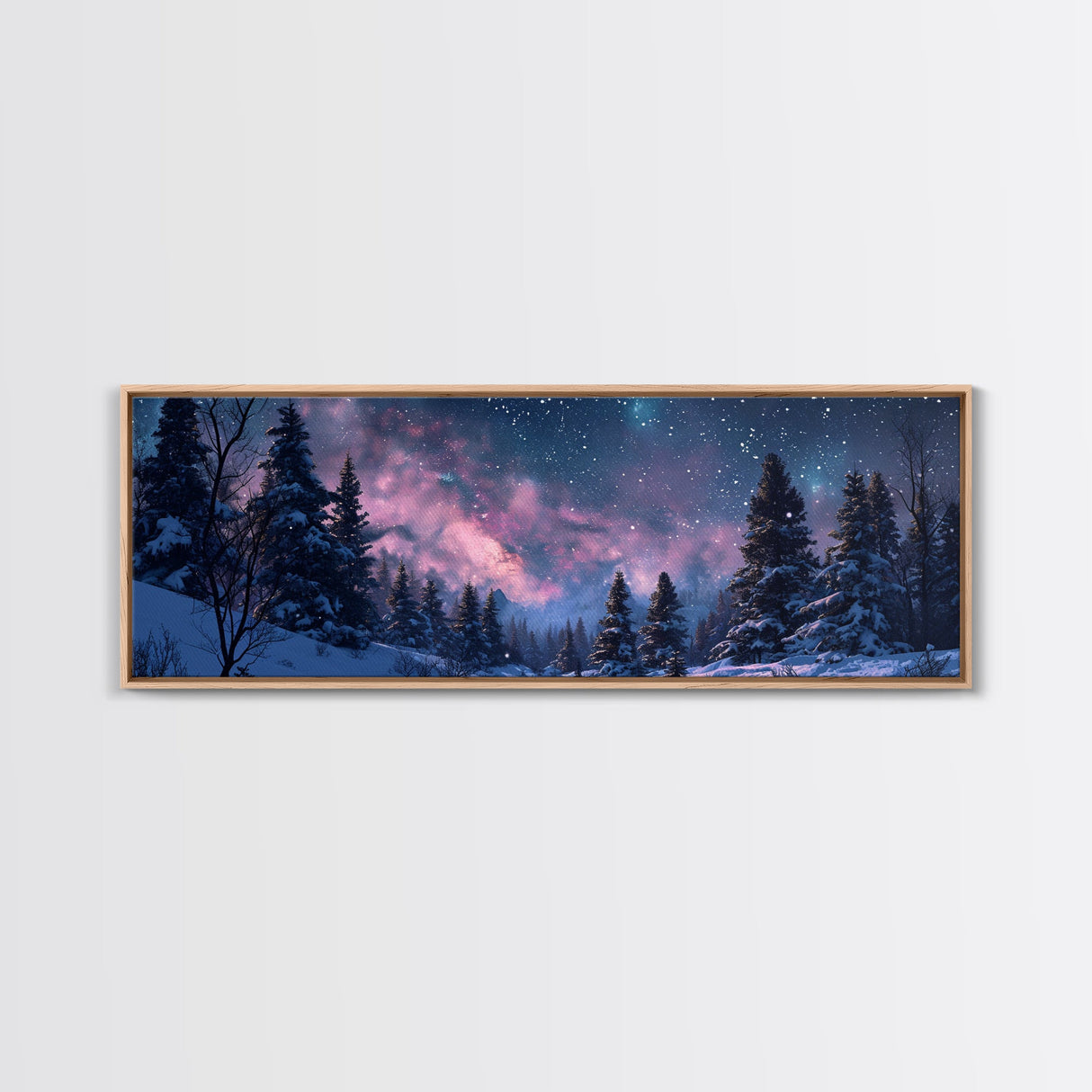 Starry Night Northern Lights, Framed Canvas Print, Beautiful Night Sky Over A Snow Capped Forest, Winter Landscape Painting, Purple Skies