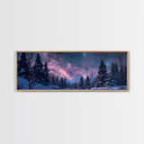 Starry Night Northern Lights, Framed Canvas Print, Beautiful Night Sky Over A Snow Capped Forest, Winter Landscape Painting, Purple Skies