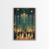 Elegant Ballroom Christmas Dance Scene with Holiday Lights and Decorations, Perfect Holiday Decor for Winter Wonderland, Framed Canvas Print
