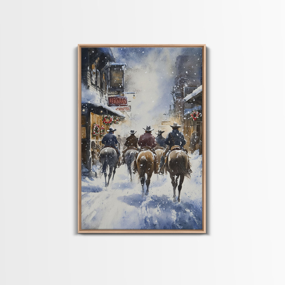 Cowboys Riding Into Town On Christmas, Western Christmas Decor, Framed Canvas Print, Christmas Outdoor Decor, Christmas poster