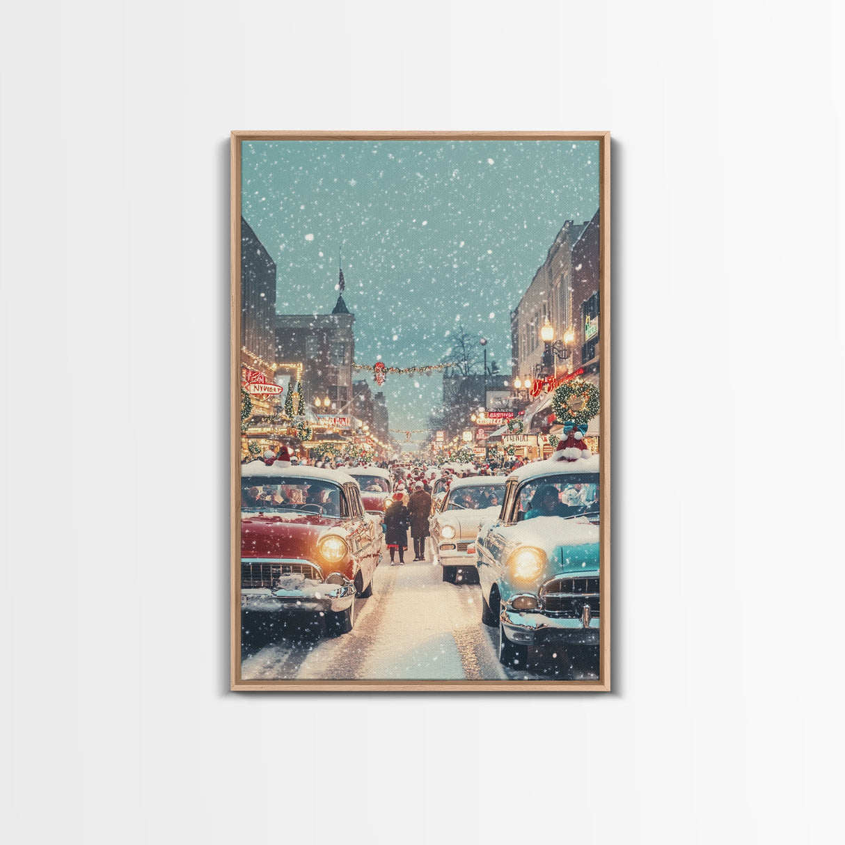 Retro Christmas Parade on Snowy Main Street with Classic Cars and Holiday Decorations, Framed Canvas Print for Christmas Wall Decor