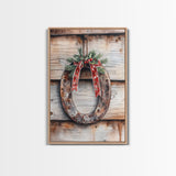 Christmas Horseshoe Framed Canvas Print, Horse Shoe With Mistletoe, Wood Framed Christmas Art, Western Decor, Boho Christmas, Minimalist