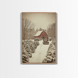 Snowy Farmhouse Christmas Scene with Red Barn and Vintage Truck, Perfect for Framed Canvas Print and Rustic Christmas Wall Art