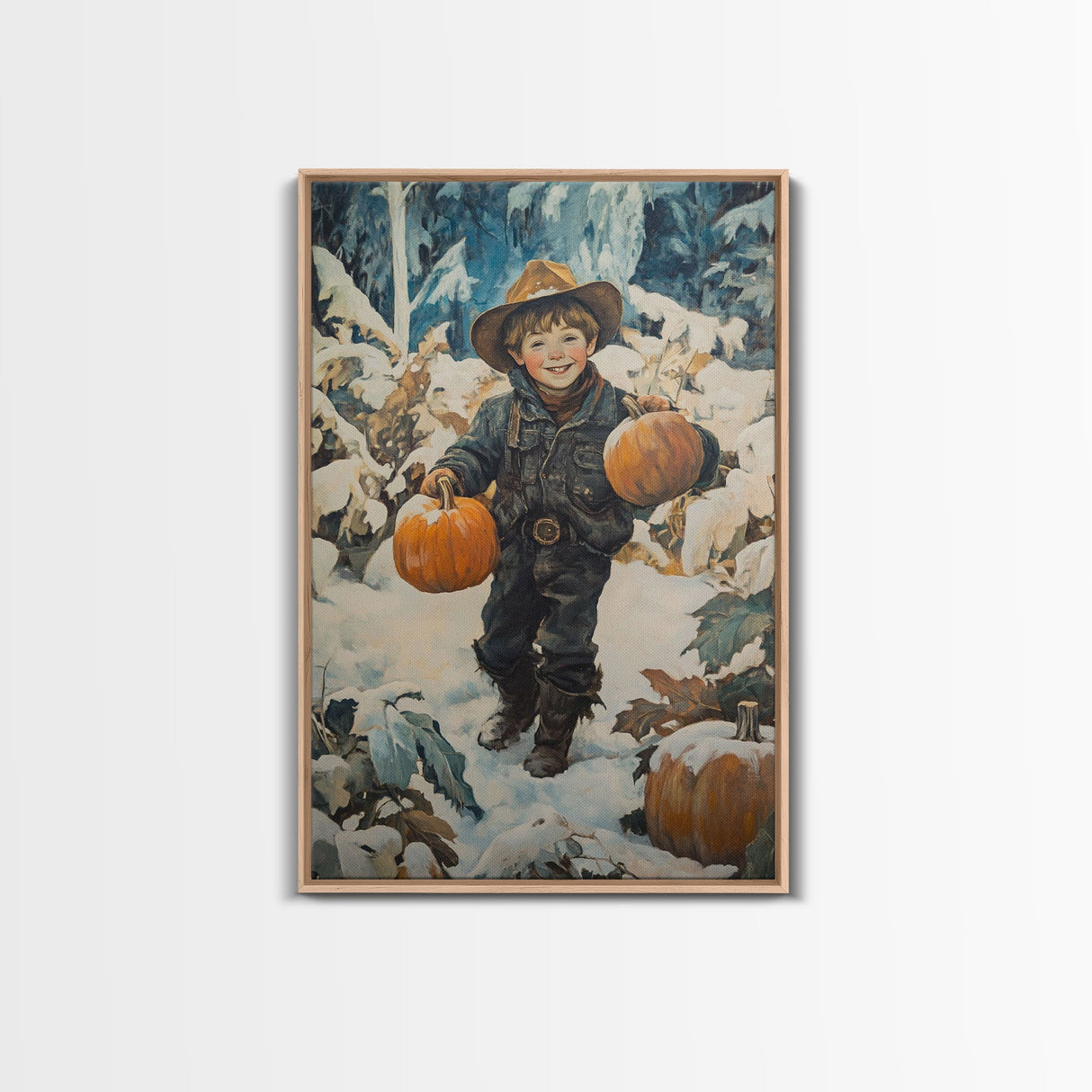 Cowboy Christmas Decor Framed Canvas Print with Pumpkin in Snow, Rustic Holiday Home Wall Art and Seasonal Gift Idea 2024