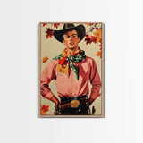 Cowboy Christmas Wall Art Canvas Print with Autumn Leaves, Seasonal Holiday Decor and Gift Idea 2024