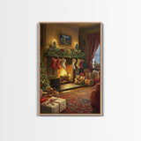 Cozy Christmas Mantle Decor Framed Canvas Print With Stockings Hanging And Presents By The Fire, Seasonal Holiday Wall Art Farmhouse Style
