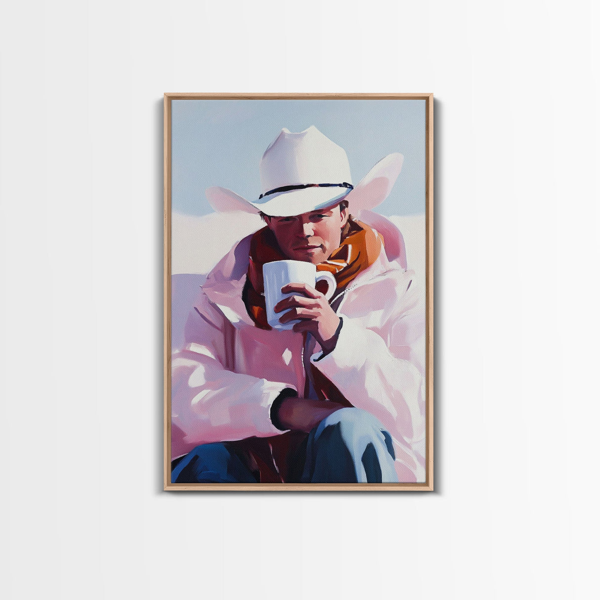 Cowboy with Mug in Snow Framed Canvas Print - Winter Country Scene Art Best 2024 Christmas Wall Decor Gift Idea