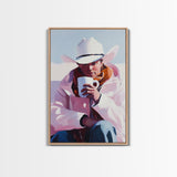 Cowboy with Mug in Snow Framed Canvas Print - Winter Country Scene Art Best 2024 Christmas Wall Decor Gift Idea