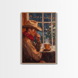 Cowboy in Snow with Coffee Framed Canvas Print - Winter Country Scene Art 2024 Cozy Christmas Wall Decor and Gift Idea