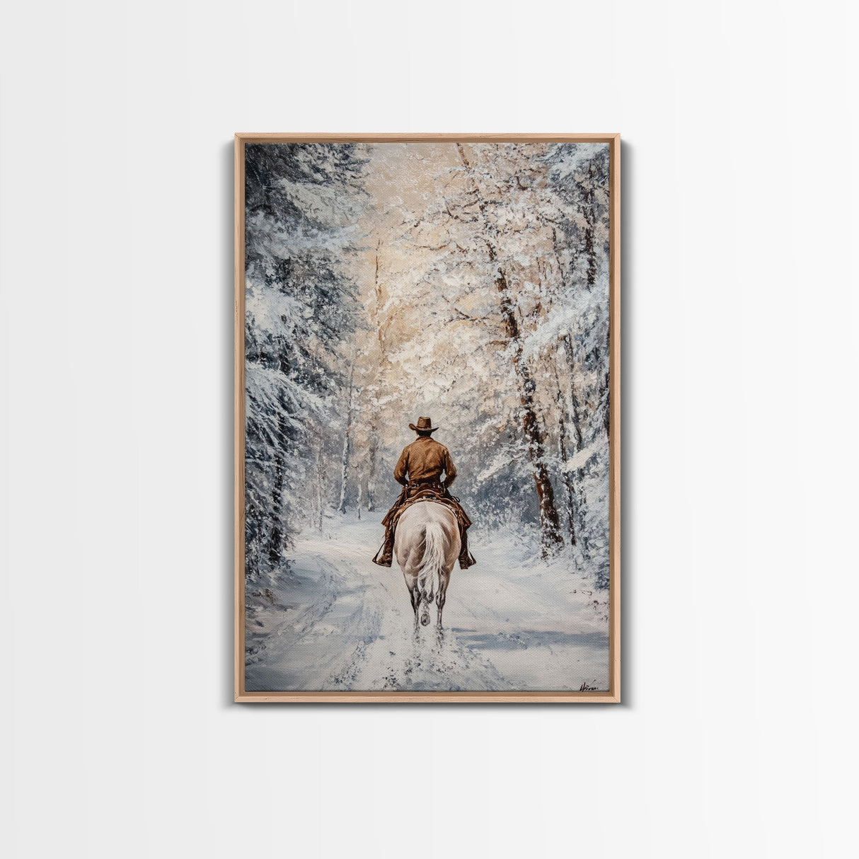 Cowboy by Window with Coffee Framed Canvas Print - Cozy Christmas Wall Art 2024 Rustic Holiday Decor and Gift Idea