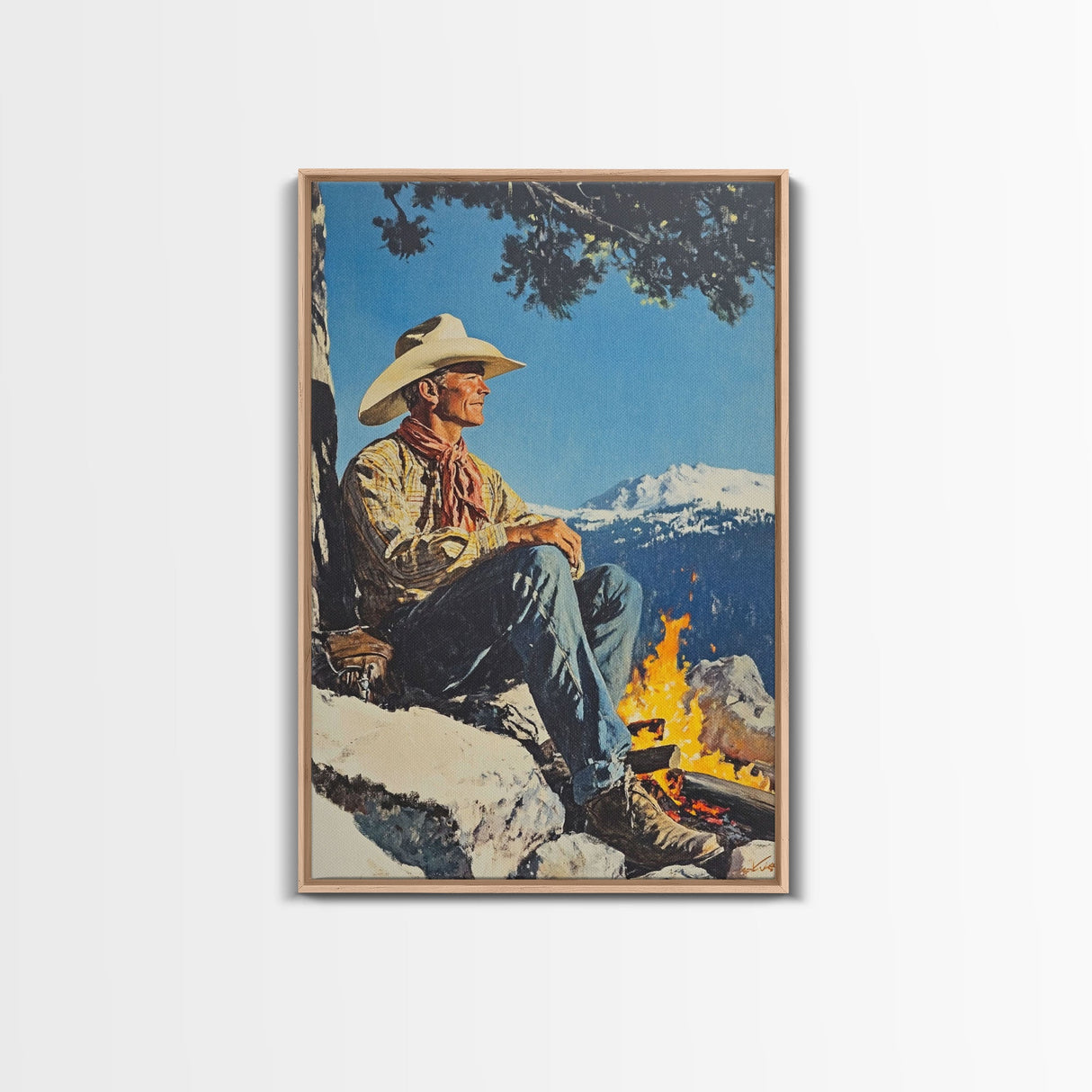 Cowboy Resting by the Fire Canvas Print, Winter Mountain Scene, Seasonal Wall Art, Rustic Western Decor, Holiday Gift, Framed Canvas Print