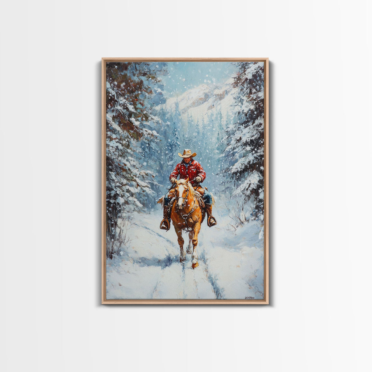 Cowboy Walking Through Snowy Winter Forest Canvas Print, Western Christmas Art Gift, Holiday Wall Decor, Rustic Art, Framed Canvas Print