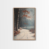Framed Canvas Print of a Snowy Path with Trees and Red Leaves, Winter Wall Art, Moody Landscape, Best Gift Idea, Modern Christmas Decor