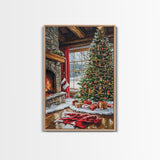 Cozy Cabin Fireplace With Christmas Tree Framed Canvas Print Christmas Wall Art Farmhouse Christmas Decor Holiday Gift Christmas Tree Art