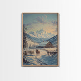 Winter Ranch Scene With Horses Framed Canvas Print Snowy Mountain Landscape Rustic Country Christmas Art Perfect For Farmhouse Wall Decor