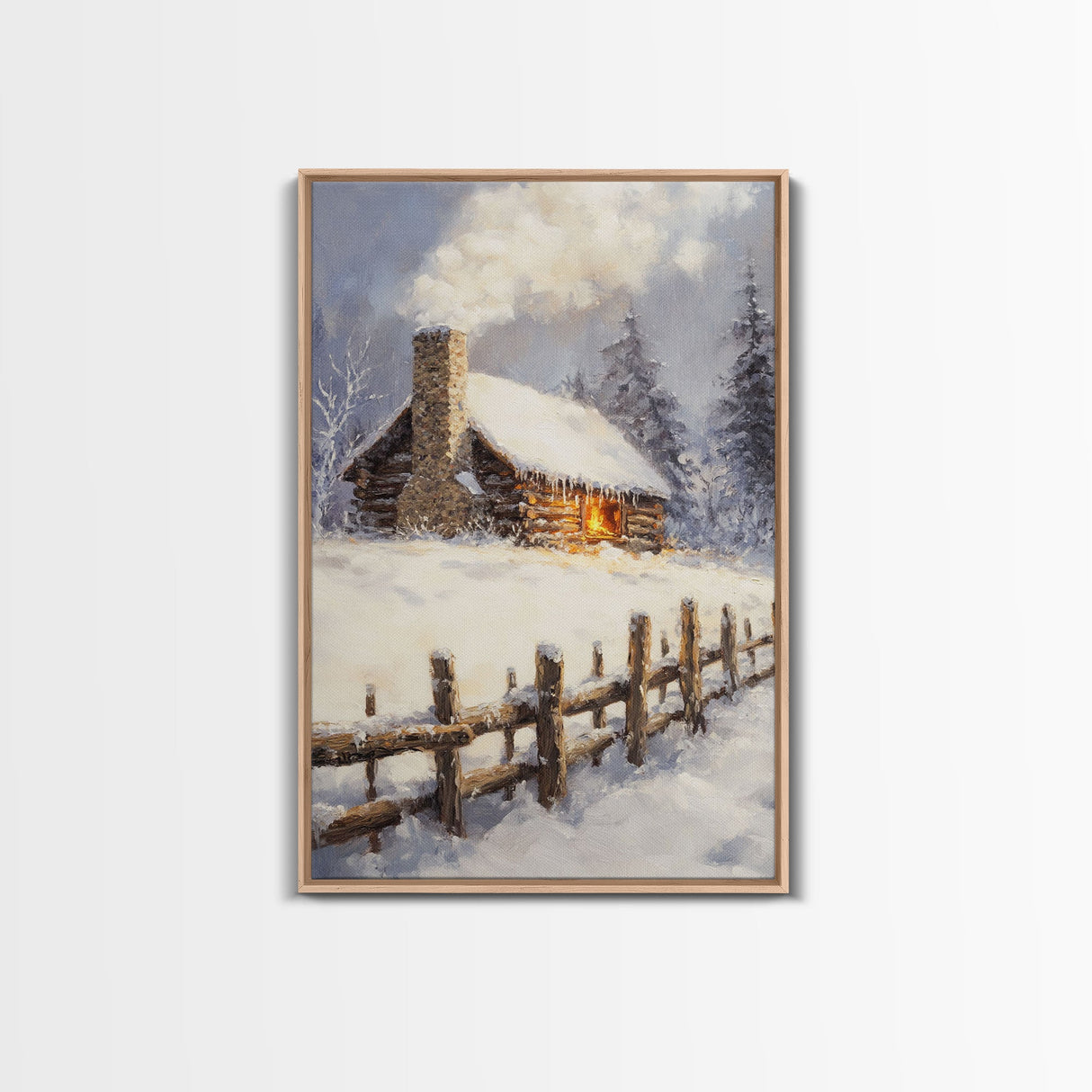Rustic Cabin In Snow Framed Canvas Print Wall Art Christmas Home Decor, Winter Landscape Art, Cozy Winter Cabin Scene