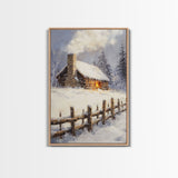 Rustic Cabin In Snow Framed Canvas Print Wall Art Christmas Home Decor, Winter Landscape Art, Cozy Winter Cabin Scene
