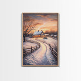 Snowy Path Leading To House Framed Canvas Print Wall Art Christmas Decor, Winter Holiday Art Gift, Cozy Christmas Wall Art
