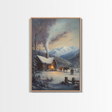 Mountain Cabin In Snow With Horses Framed Canvas Print Wall Art Rustic Winter Decor, Country Christmas Art, Winter Wonderland Scene