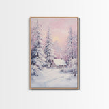 Pink Snowy Cabin Landscape Framed Canvas Print Wall Art Winter Wonderland Decor, Christmas Art Gift, Rustic Winter Scene Art
