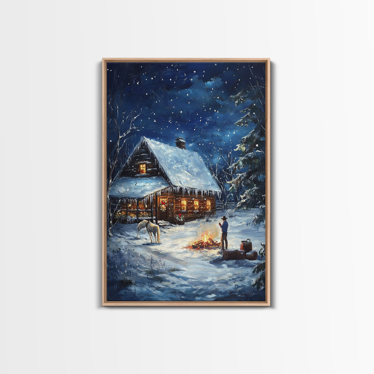 Cowboy Christmas by the Fire Framed Canvas Print, Western Holiday Decor with Snowy Cabin, Cozy Art Perfect for Rustic Christmas Winter Decor