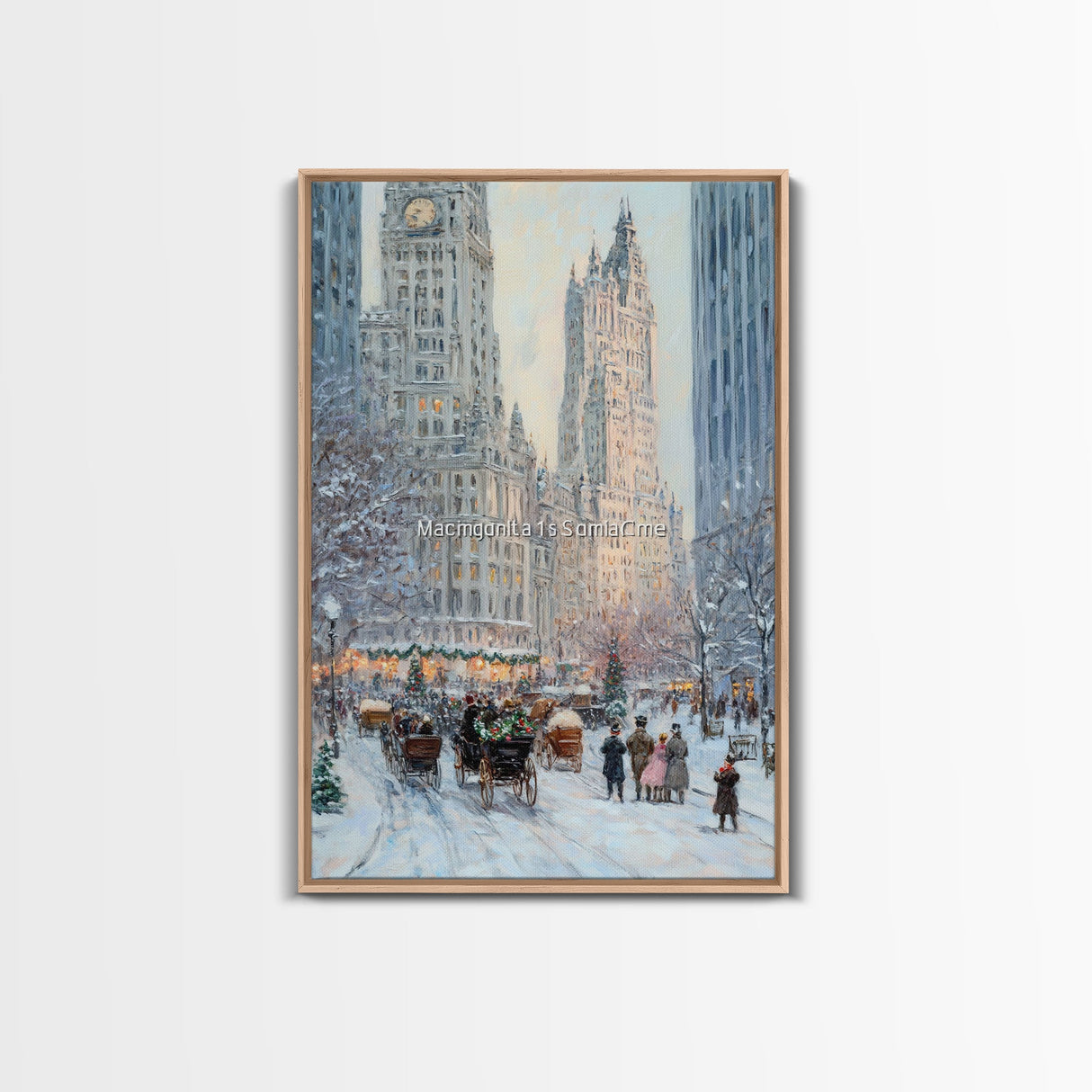 Historical City Winter Framed Canvas Print, Snowy Urban Landscape with Carriages and Victorian Architecture, Elegant Christmas Wall Art
