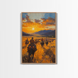 Cowboy Riders at Dusk Framed Canvas Print, Warm Sunset Western Scene with Riders on the Plains, Fall Decor Ranch Homes and Country Wall Art