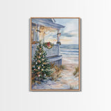 Coastal Christmas Tree Framed Canvas Print, Festive Holiday Decor Tree Beach and Ocean View, Nautical Wall Art Tropical Christmas Decor