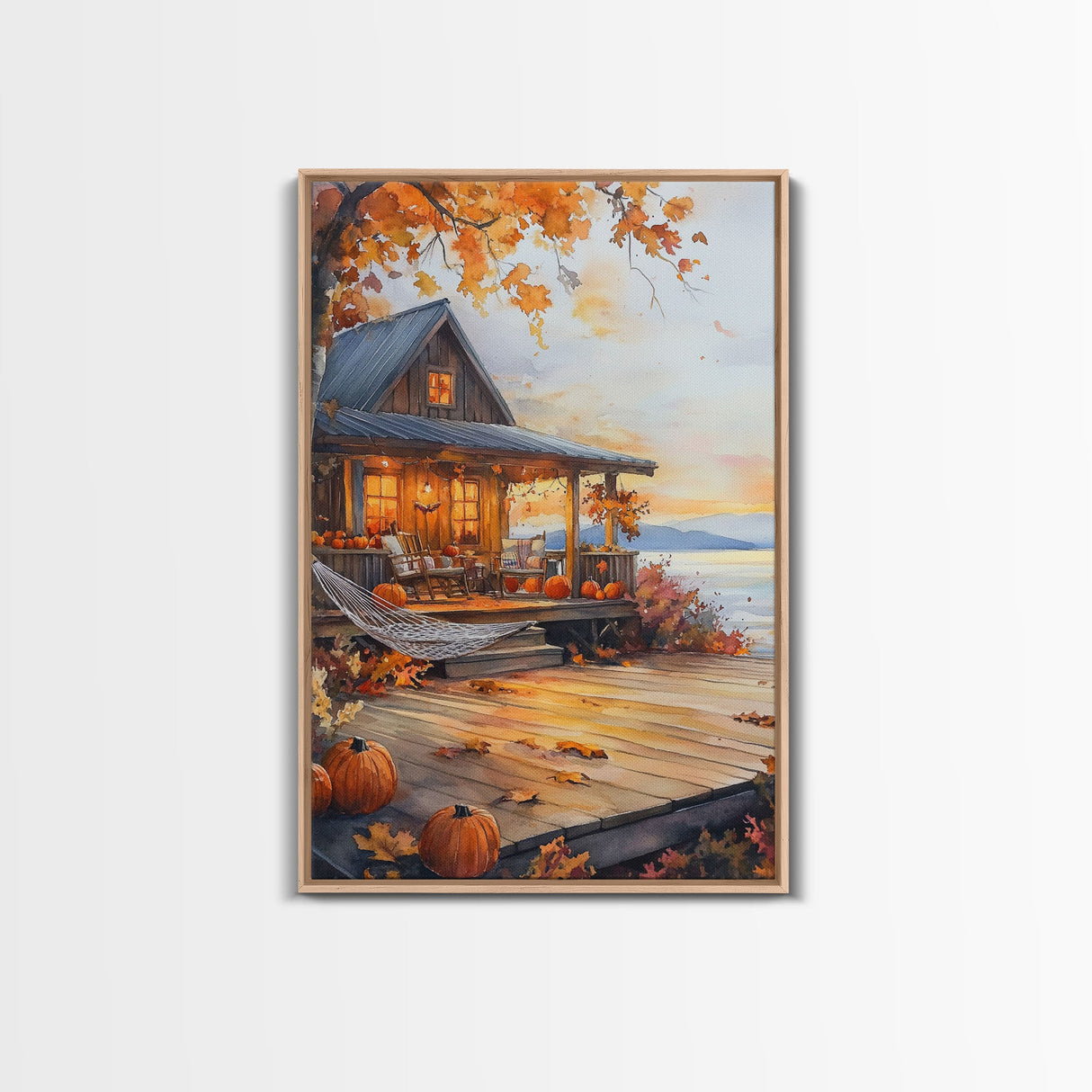 Cozy autumn cabin porch with pumpkins and scenic view, Framed Canvas Print, perfect above sofa art, fall seasonal decor, gallery wall