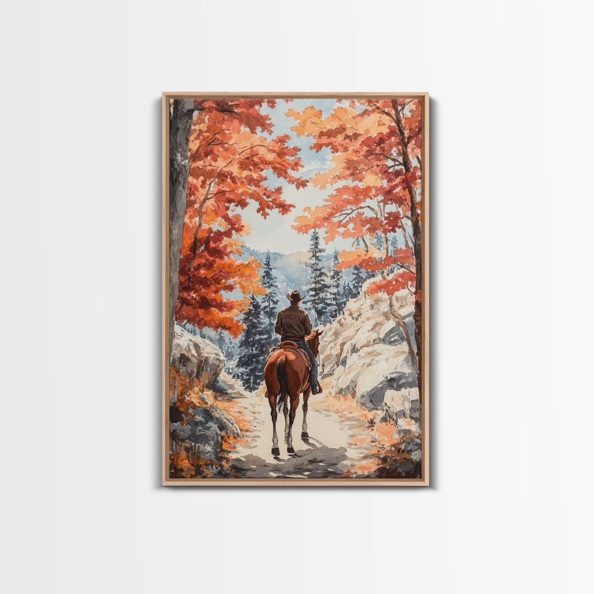 Cowboy riding through autumn forest, Framed Canvas Print, fall landscape wall art, western style decor for cozy homes, perfect gift idea