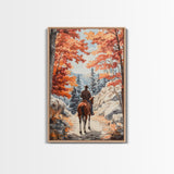 Cowboy riding through autumn forest, Framed Canvas Print, fall landscape wall art, western style decor for cozy homes, perfect gift idea