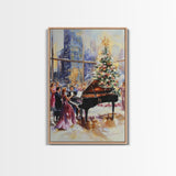 Elegant Christmas party with grand piano and city skyline view Framed Canvas Print, classy holiday wall art perfect seasonal decor idea